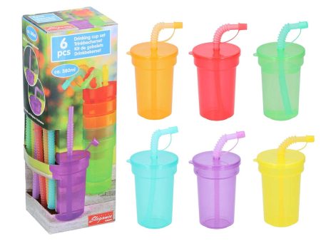 Set di 6 bicchieri colorati con cannuccia in polipropilene 390ml 8x12,3cm Discount