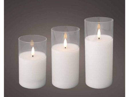 Candele bianche set da 3 pezzi led bianco caldo in bicchiere di vetro h.12,5-15-17,5cmxd.7,5cm Cheap