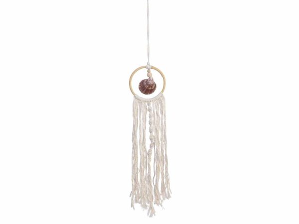 Appendino decorativo in rattan con conchiglia e nappa di cotone fatto a mano da interno ed esterno con gancio e corda per sospensione 1xh.70cm Supply