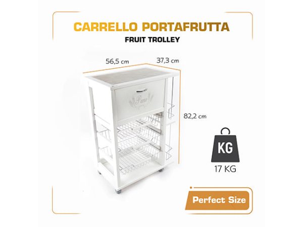 Carrello Porta Frutta e Verdura con portapane 56,5x37,3 h 82,2 in Legno, portavino carrello da cucina con ripiano multiuso 100% Made in Italy. (Bianco) For Discount