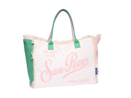 Borsa mare con frange in misto cotone verde, rosa e beige 45x35x20 cm - Rox Supply