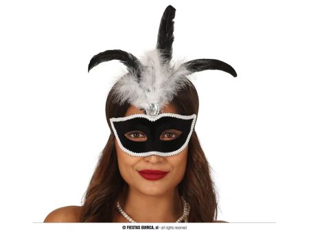 Maschera in velluto nero con piuma bianca Online Sale